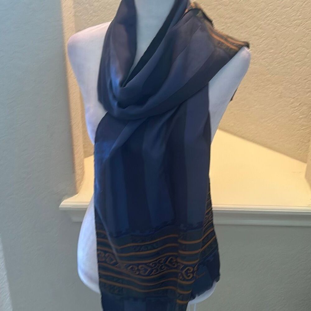Christian Dior Silk Neck Scarf Navy Blue Stripe Baroque Preppy Old Money Luxury - Picture 8 of 10